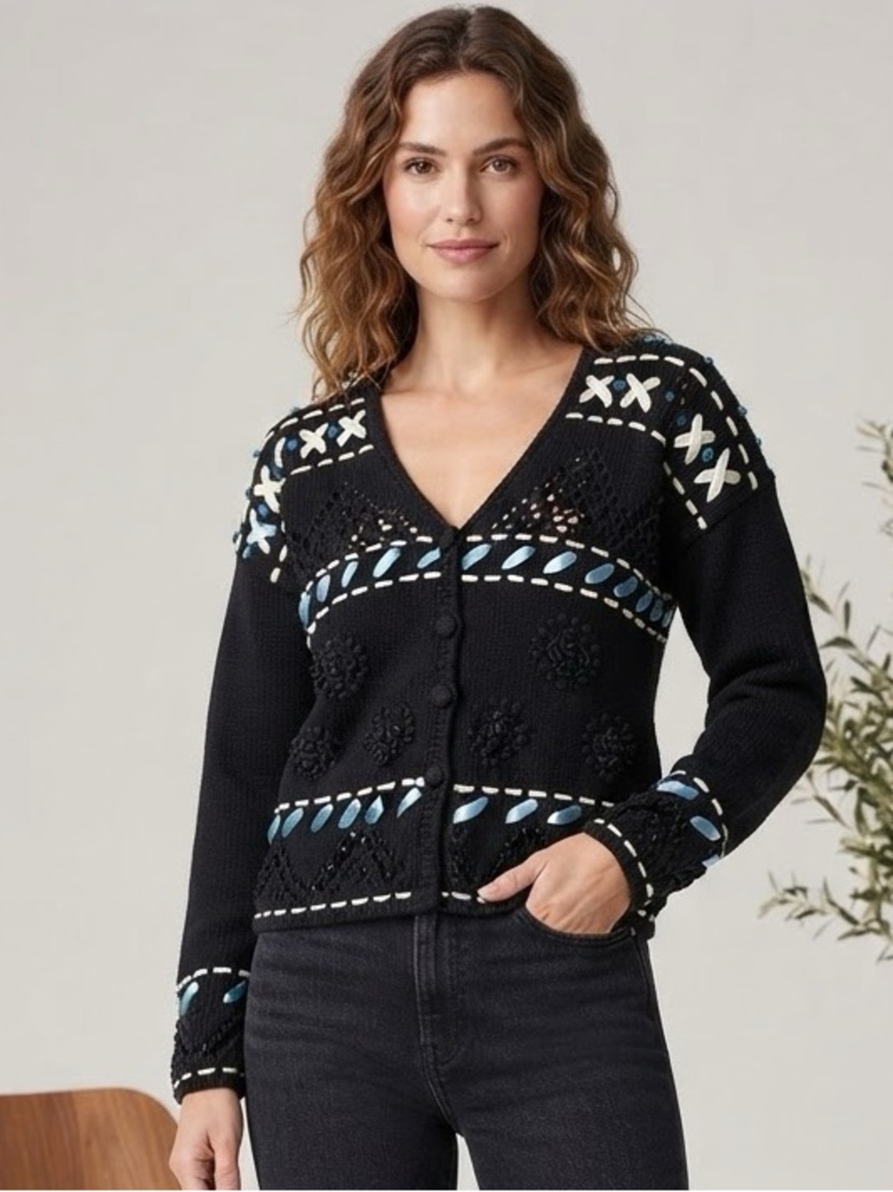 Vintage Sigrid Olsen Black Ribbon Embroidered Cardigan Sweater Medium
